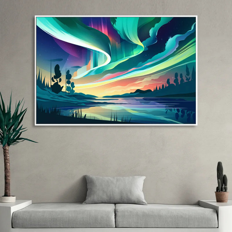 Aurora Borealis Sky Sitting Room - White Canvas Wall Art