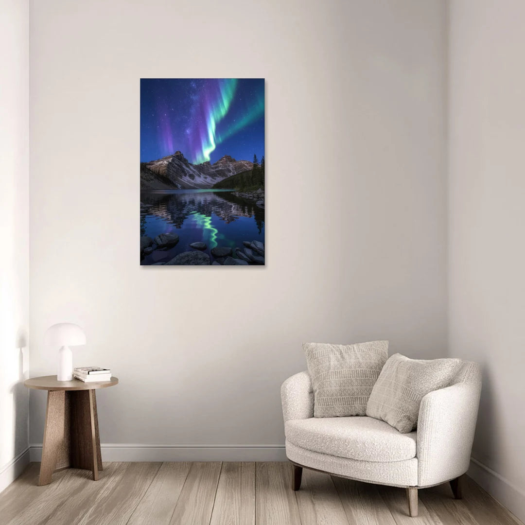 Aurora Mountain Reflection - Canvas Wall Art - Sofa - 24x36