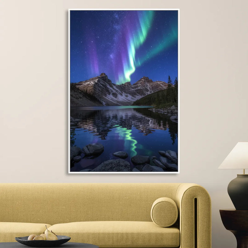 Aurora Mountain Reflection Living Room - White Canvas Wall Art