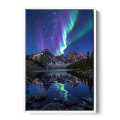 Aurora Mountain Reflection Front - White Canvas Wall Art
