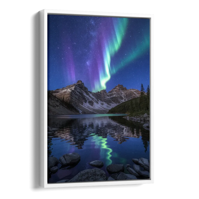 Aurora Mountain Reflection Side - White Canvas Wall Art