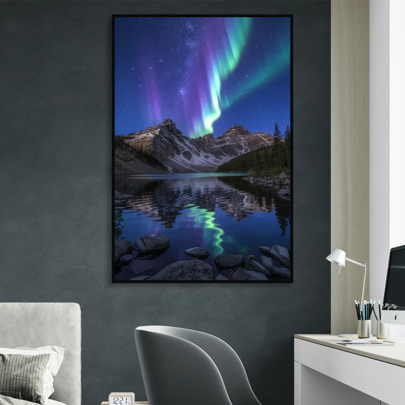 Aurora Mountain Reflection Sitting Room - Black Canvas Wall Art