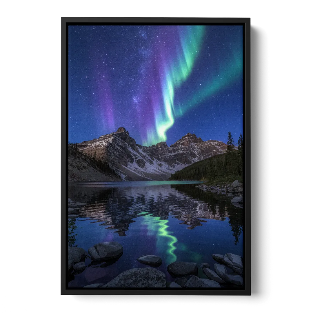Aurora Mountain Reflection Front - Black Canvas Wall Art