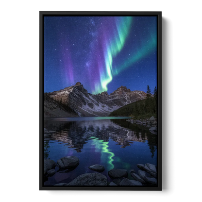 Aurora Mountain Reflection Front - Black Canvas Wall Art