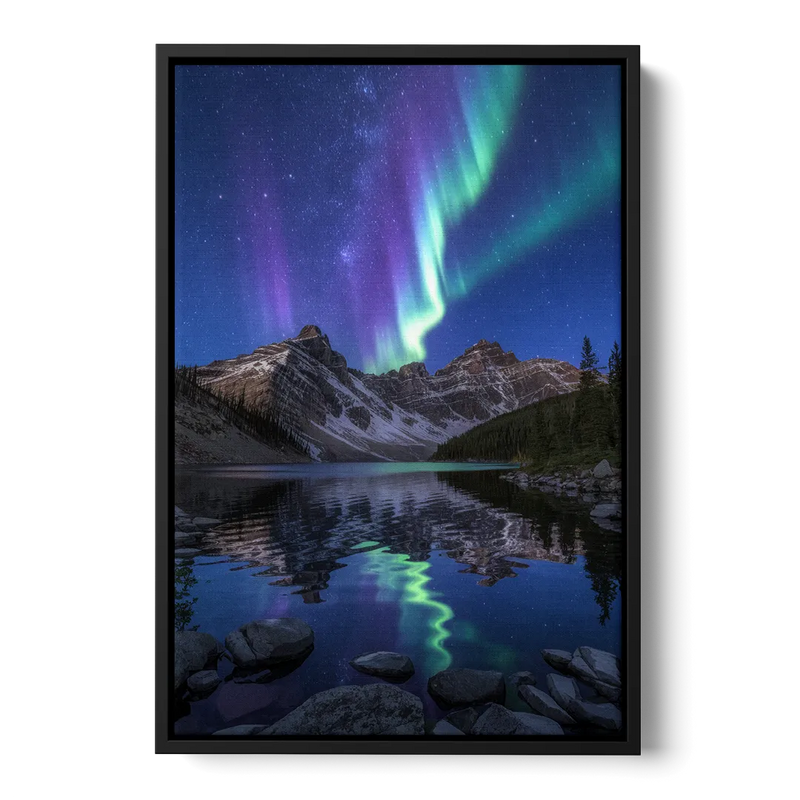 Aurora Mountain Reflection Front - Black Canvas Wall Art