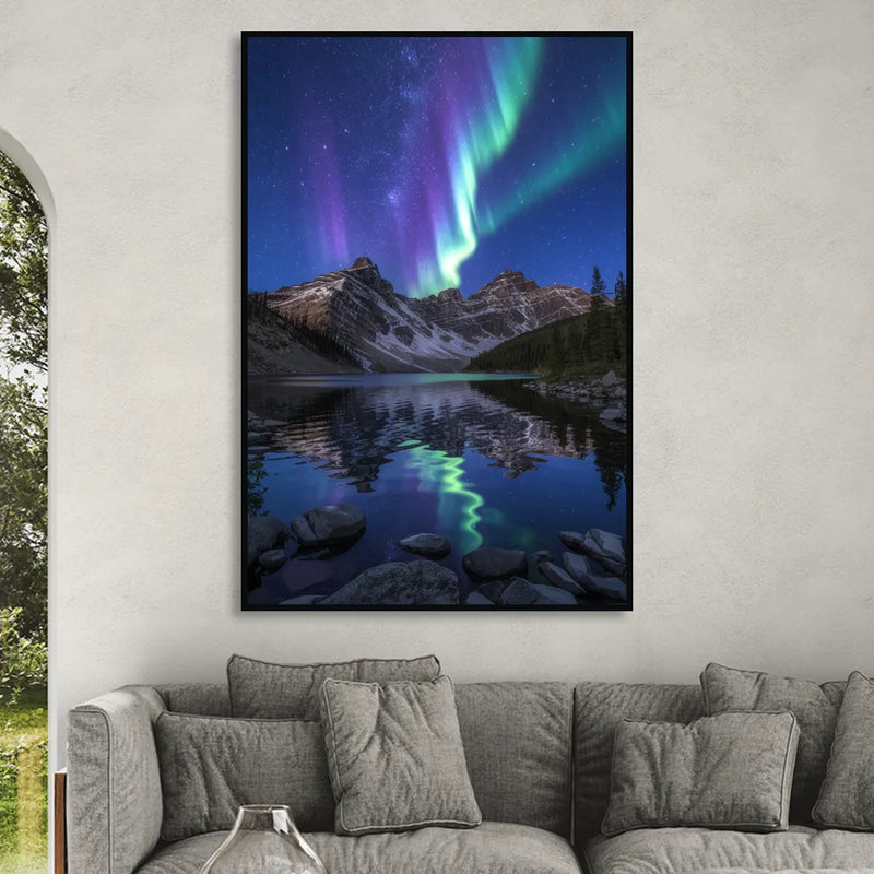Aurora Mountain Reflection Living Room - Black Canvas Wall Art
