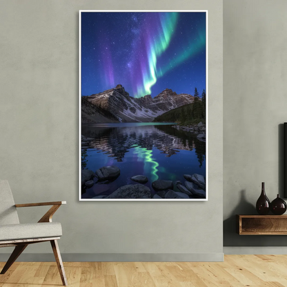 Aurora Mountain Reflection Sitting Room - White Canvas Wall Art