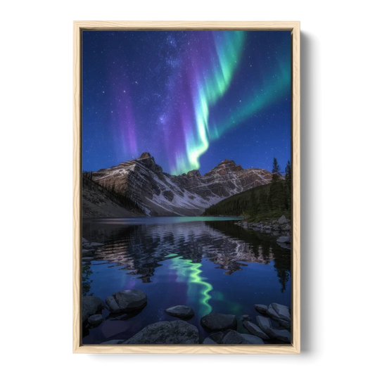 Aurora Mountain Reflection - Oak Framed Canvas Wall Art - Front