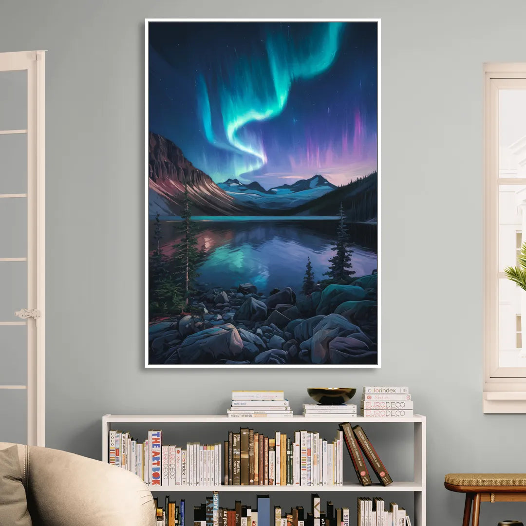 Aurora Northern Lights Living Room - White Canvas Wall Art