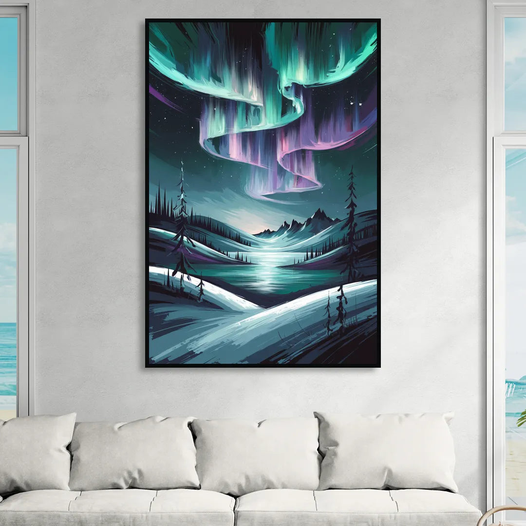 Aurora Skyline Glow Living Room - Black Canvas Wall Art