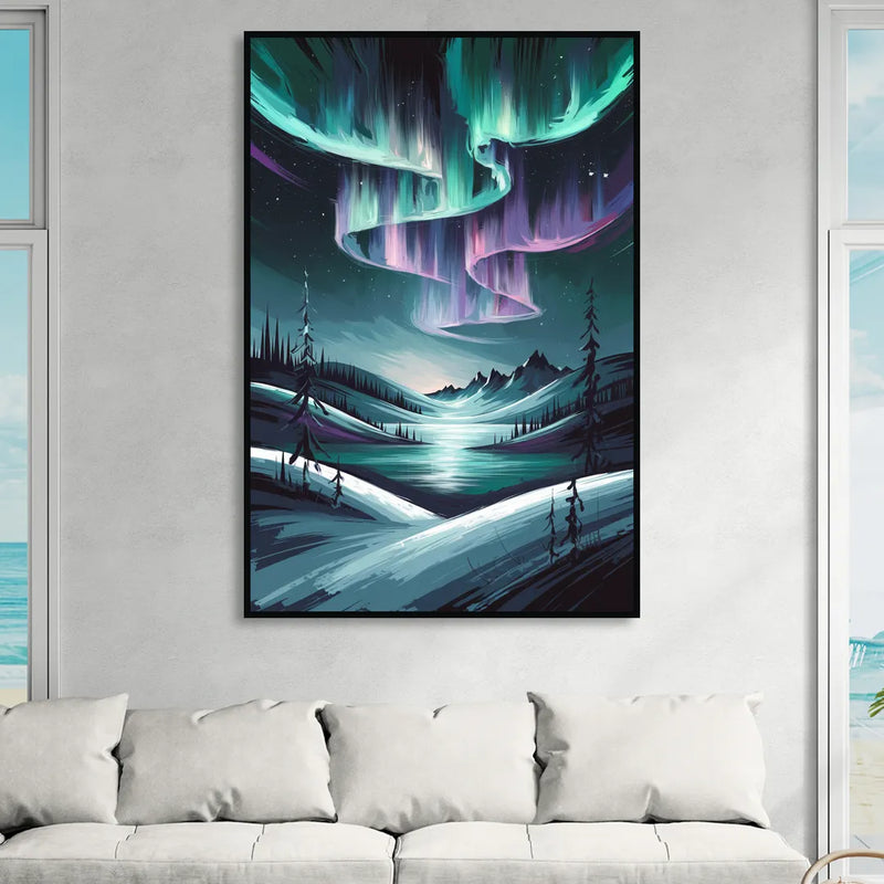 Aurora Skyline Glow Living Room - Black Canvas Wall Art