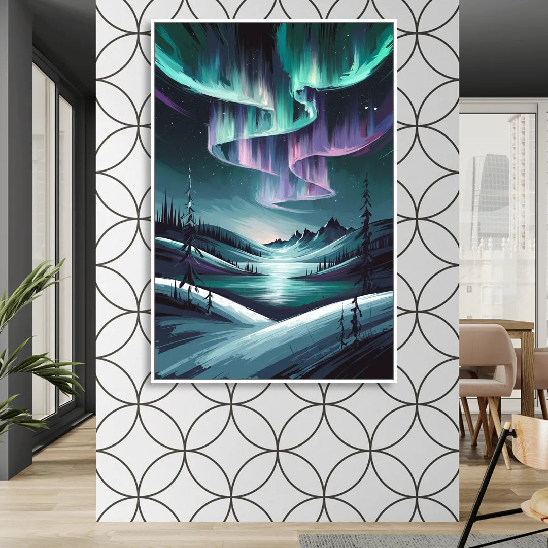 Aurora Skyline Glow Living Room - White Canvas Wall Art