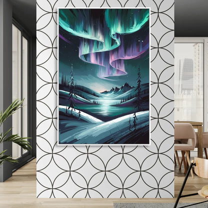 Aurora Skyline Glow Living Room - White Canvas Wall Art