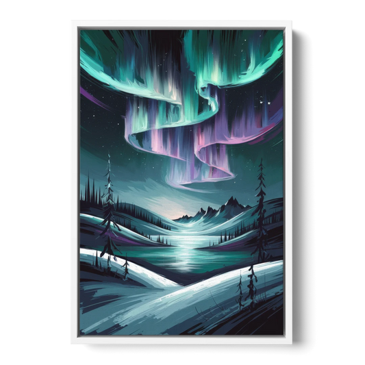 Aurora Skyline Glow - White Framed Canvas Wall Art - Front