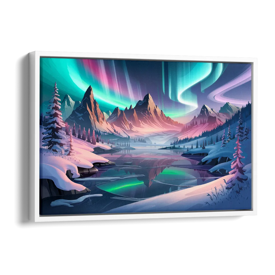 Aurora Snowy Peaks Side - White Canvas Wall Art