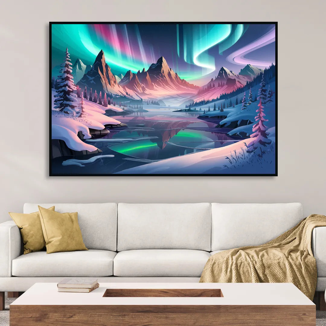 Aurora Snowy Peaks Living Room - Black Canvas Wall Art