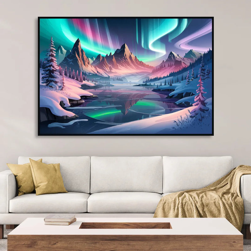 Aurora Snowy Peaks Living Room - Black Canvas Wall Art