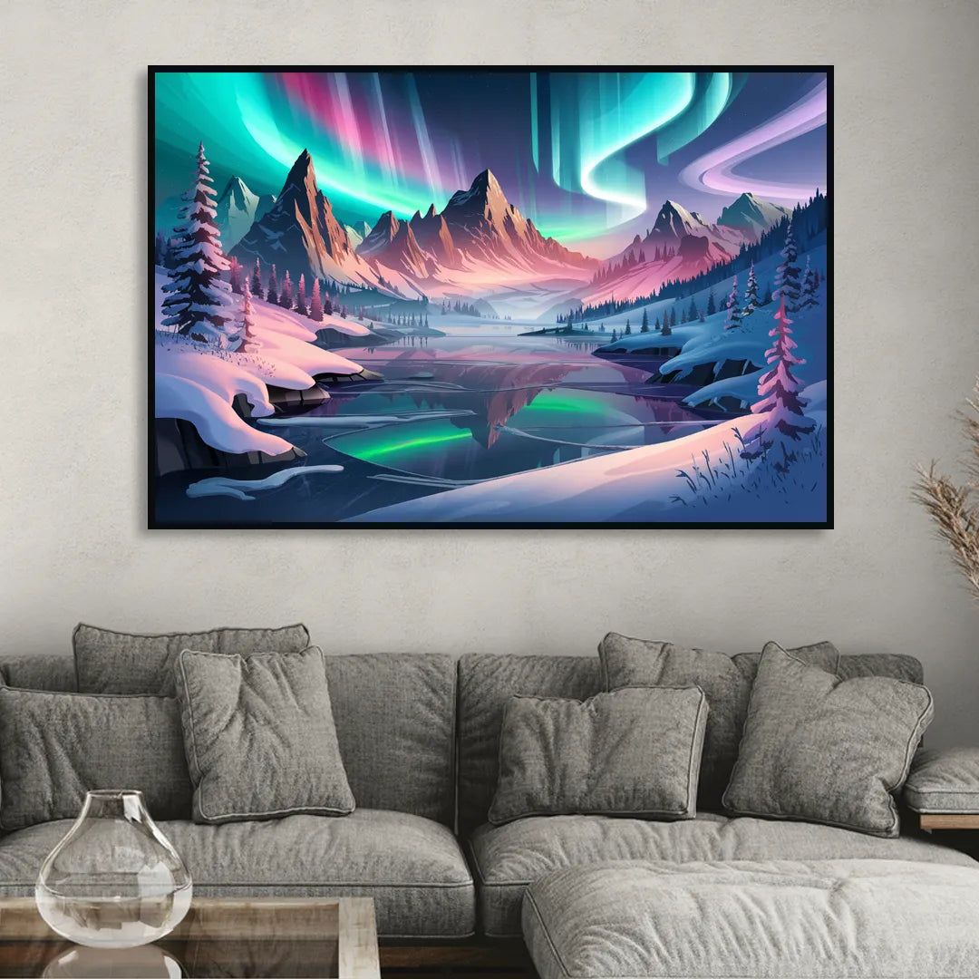 Aurora Snowy Peaks Sitting Room - Black Canvas Wall Art