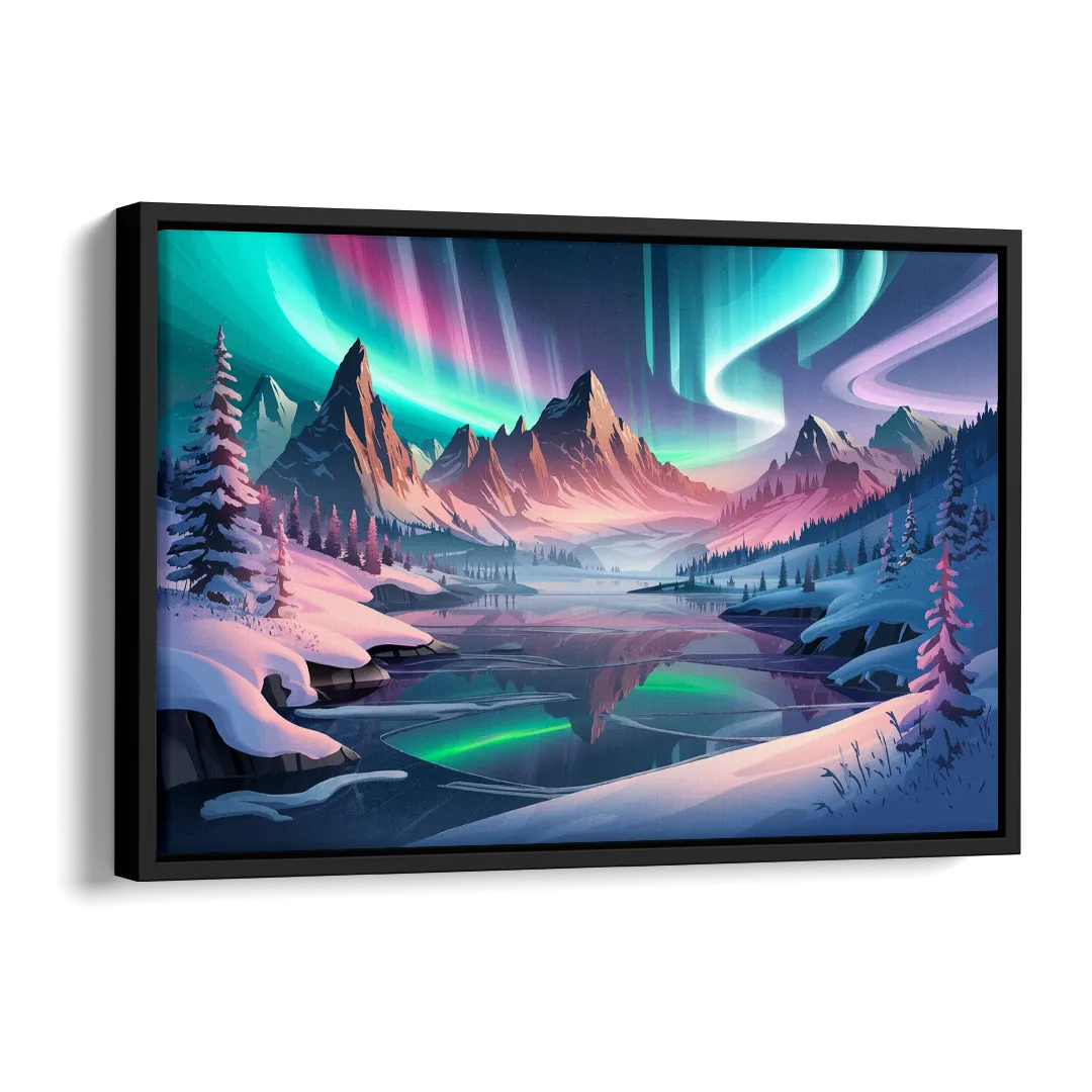 Aurora Snowy Peaks Side - Black Canvas Wall Art