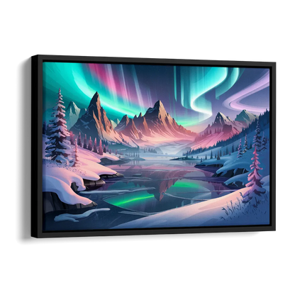 Aurora Snowy Peaks Side - Black Canvas Wall Art