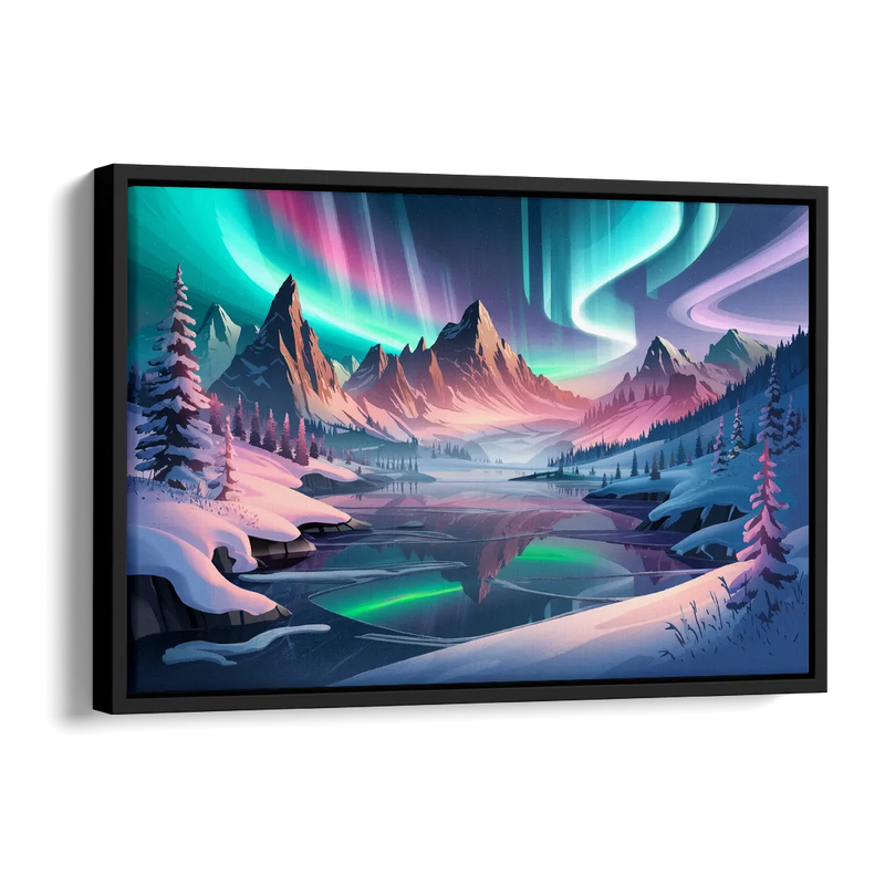 Aurora Snowy Peaks Side - Black Canvas Wall Art