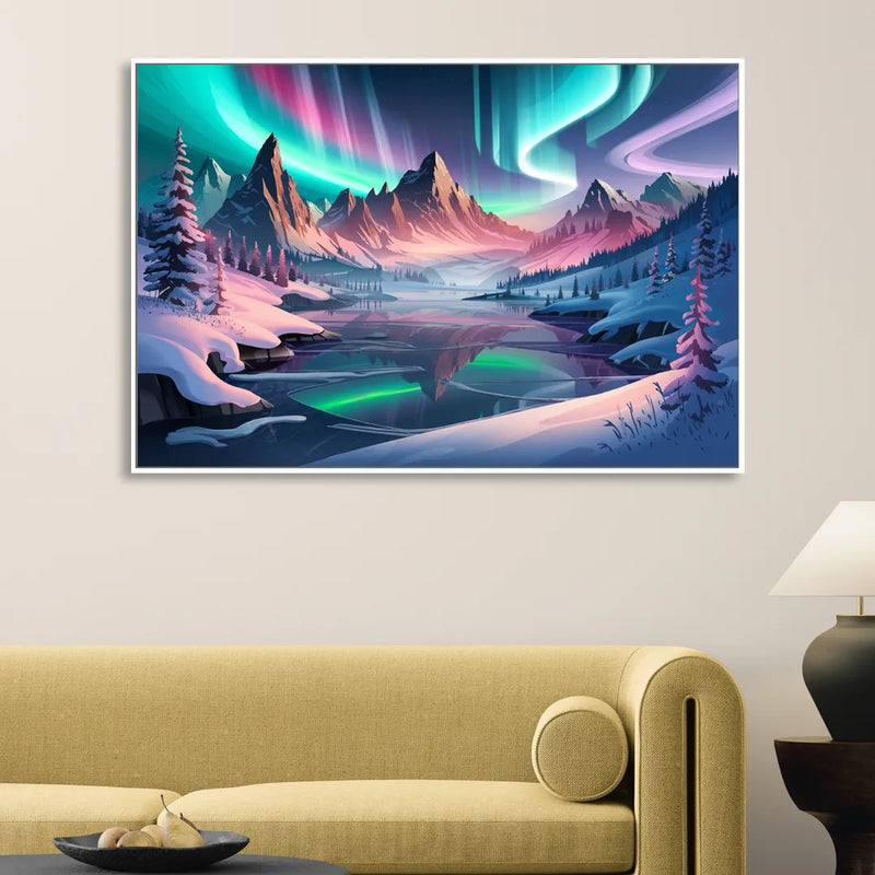 Aurora Snowy Peaks Sitting Room - White Canvas Wall Art