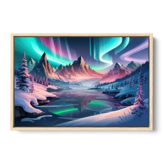 Aurora Snowy Peaks - Oak Framed Canvas Wall Art - Front