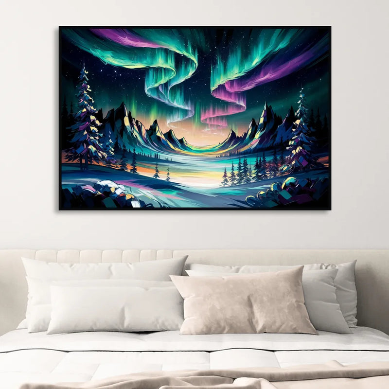 Aurora Vibrant Skies Living Room - Black Canvas Wall Art