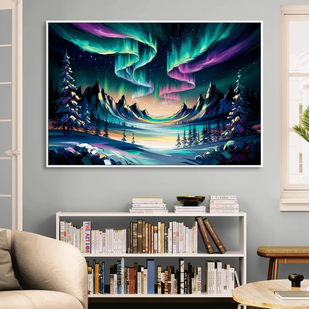 Aurora Vibrant Skies Living Room - White Canvas Wall Art