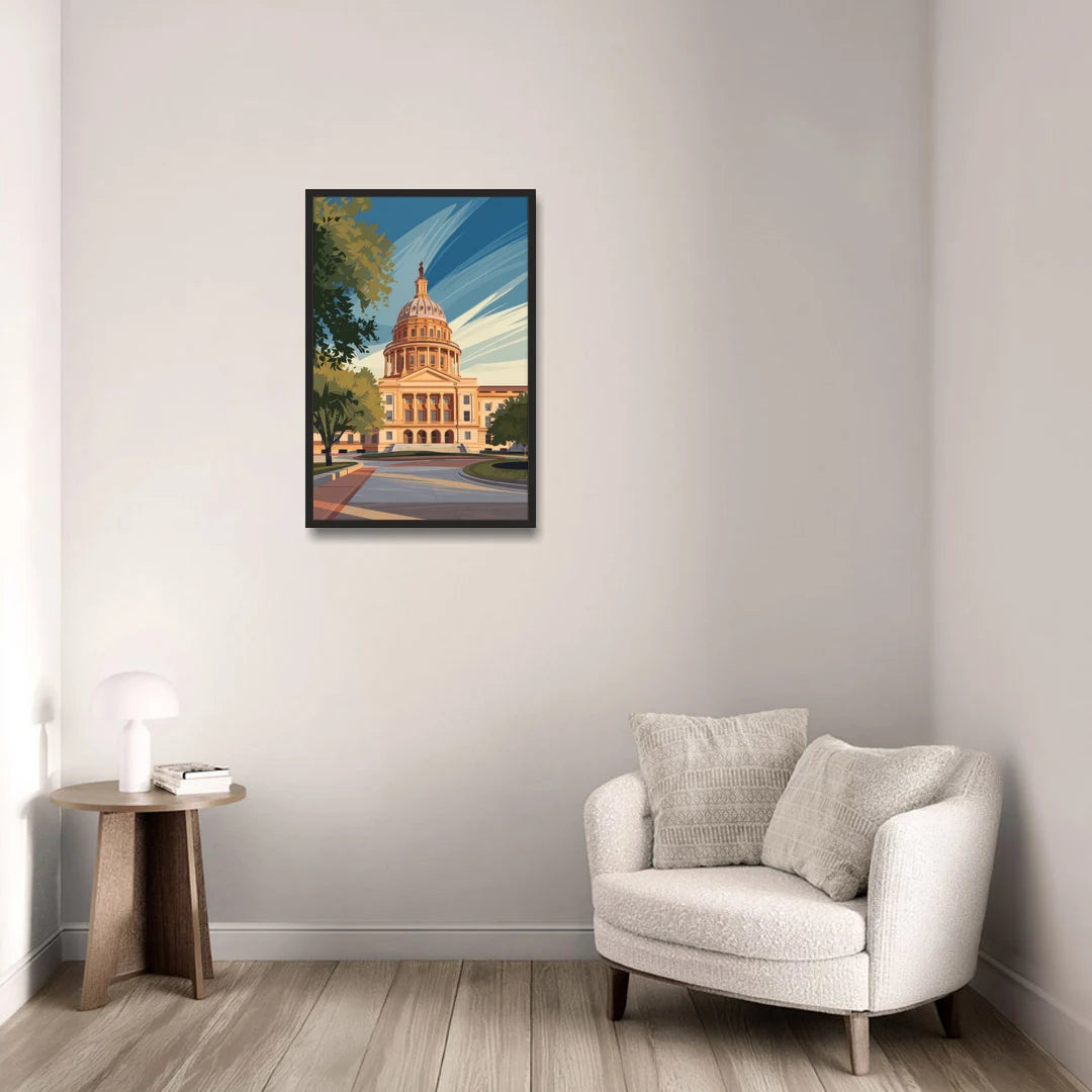 Austin Capitol Building Charm - Black Framed Canvas Wall Art - Sofa - 20x30
