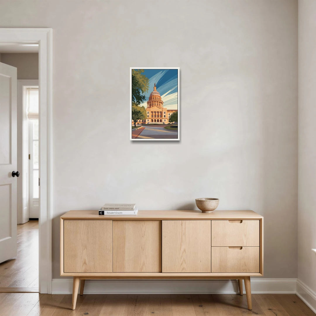 Austin Capitol Building Charm - White Framed Canvas Wall Art - Coffee Table - 16x24