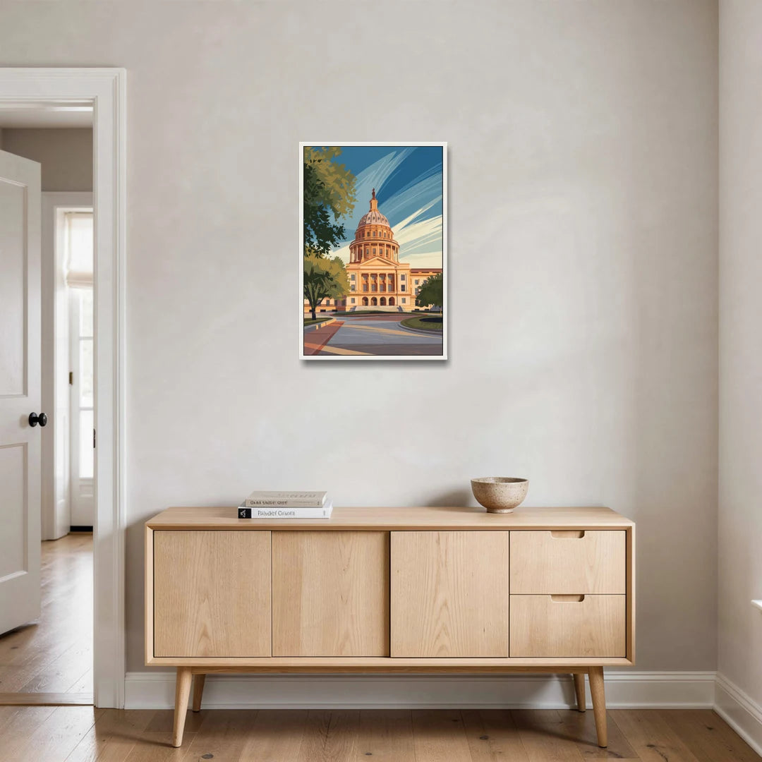 Austin Capitol Building Charm - White Framed Canvas Wall Art - Coffee Table - 20x30