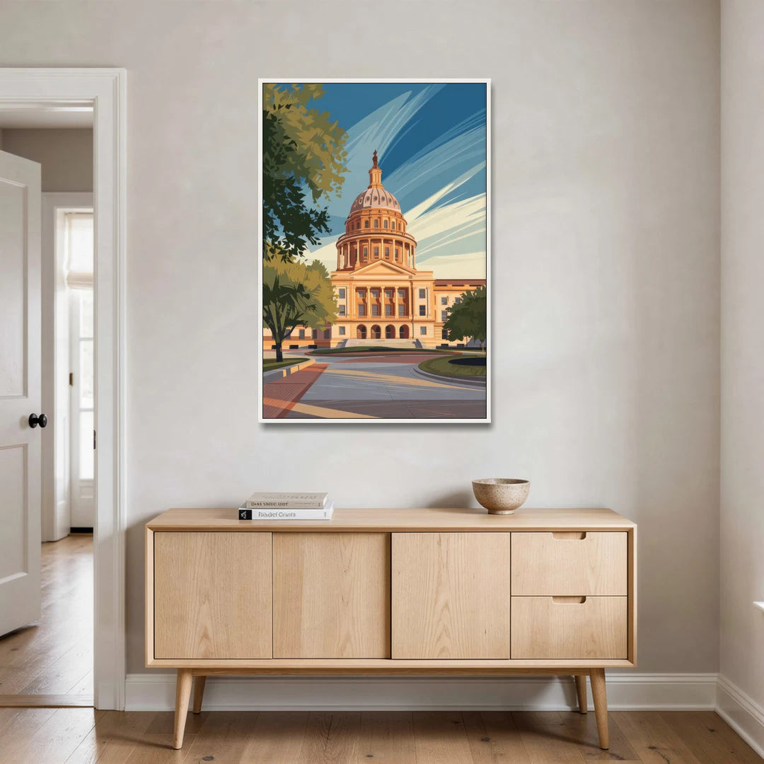 Austin Capitol Building Charm - White Framed Canvas Wall Art - Coffee Table - 32x48