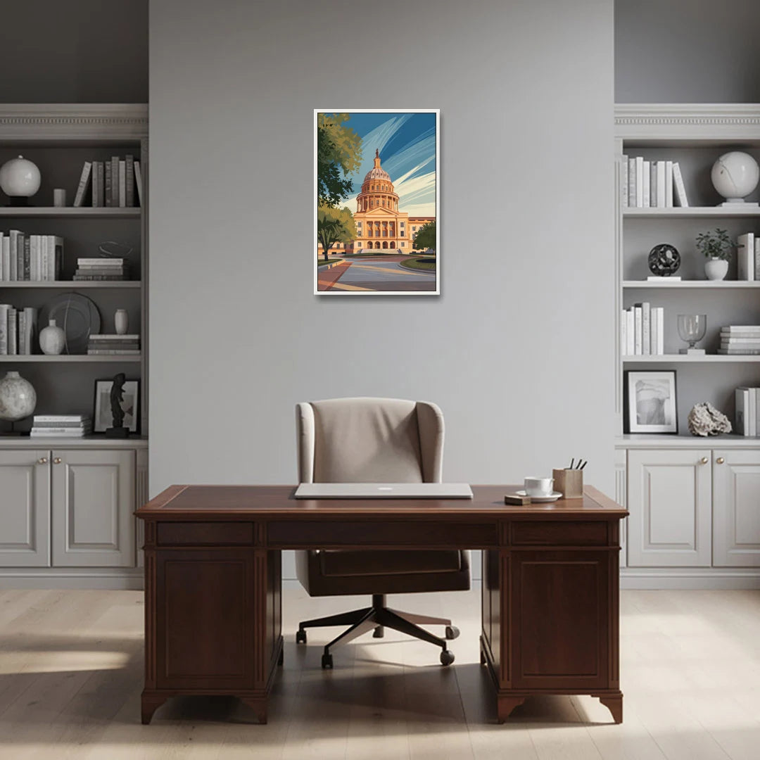 Austin Capitol Building Charm - White Framed Canvas Wall Art - Office - 20x30