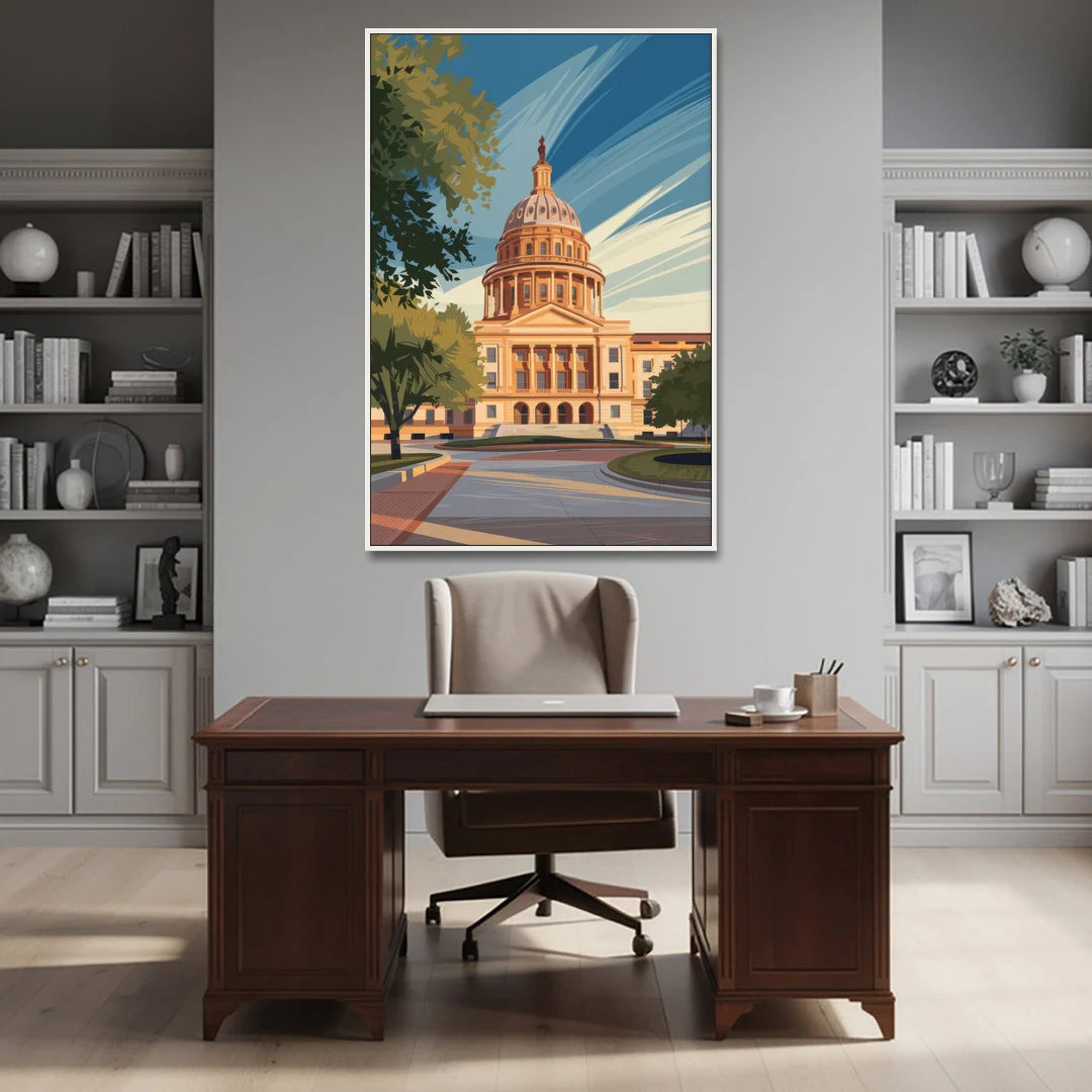 Austin Capitol Building Charm - White Framed Canvas Wall Art - Office - 40x60