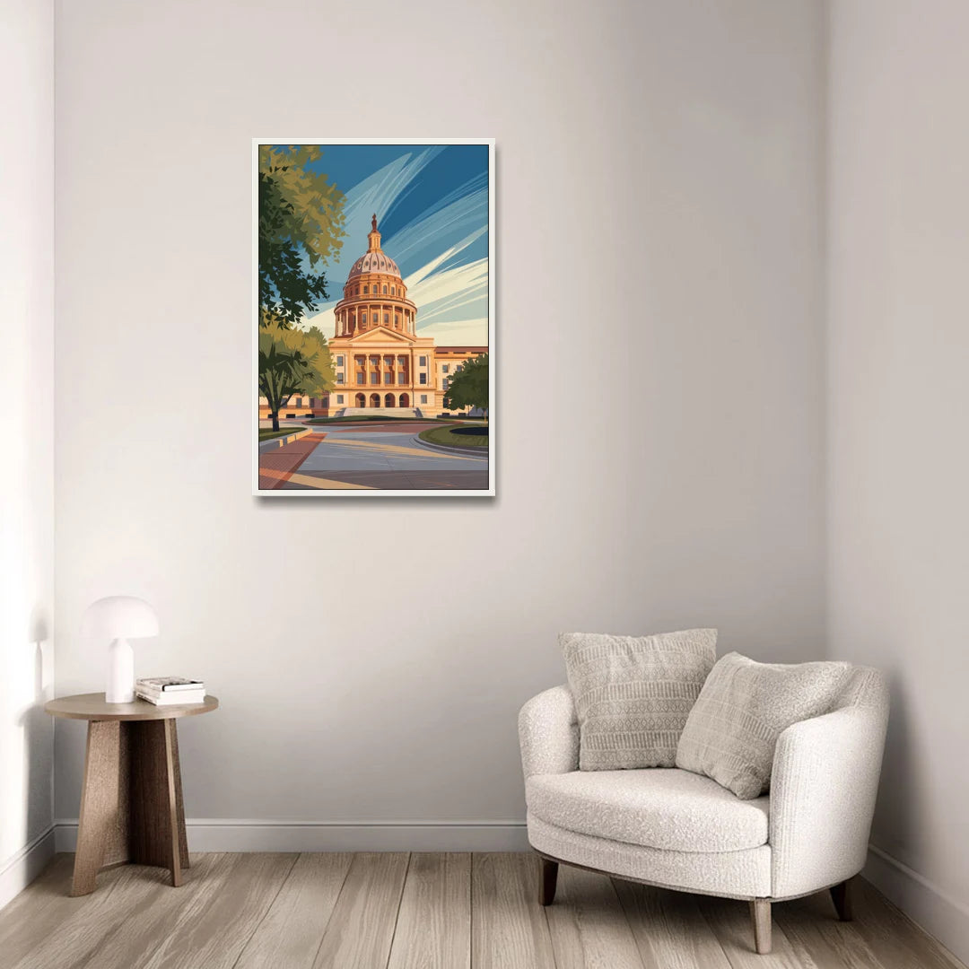 Austin Capitol Building Charm - White Framed Canvas Wall Art - Sofa - 24x36