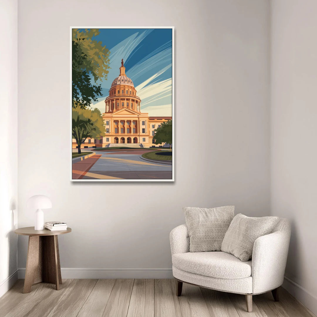 Austin Capitol Building Charm - White Framed Canvas Wall Art - Sofa - 32x48