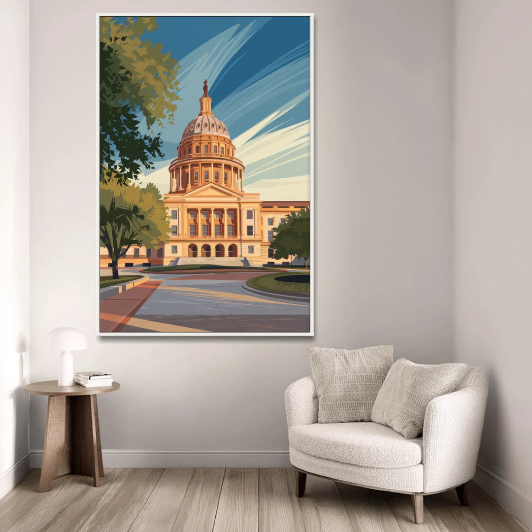 Austin Capitol Building Charm - White Framed Canvas Wall Art - Sofa - 40x60