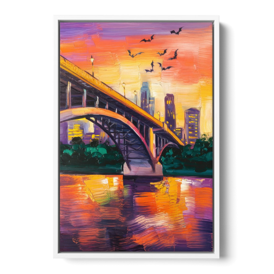 Austin Congress Avenue Bridge - White Framed Canvas Wall Art - Front