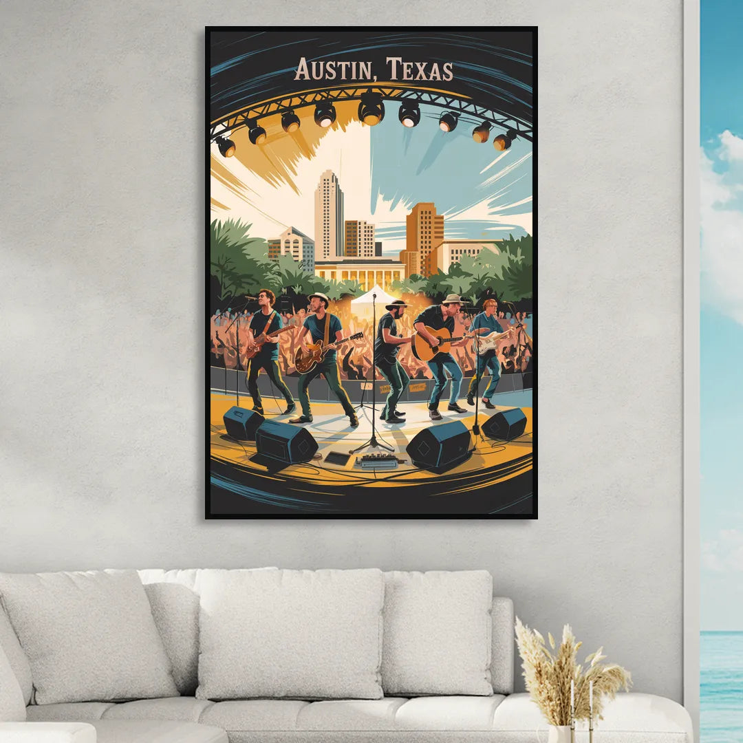 Austin Live Music Capital Living Room - Black Canvas Wall Art