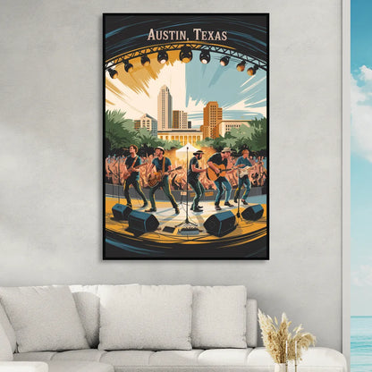 Austin Live Music Capital Living Room - Black Canvas Wall Art
