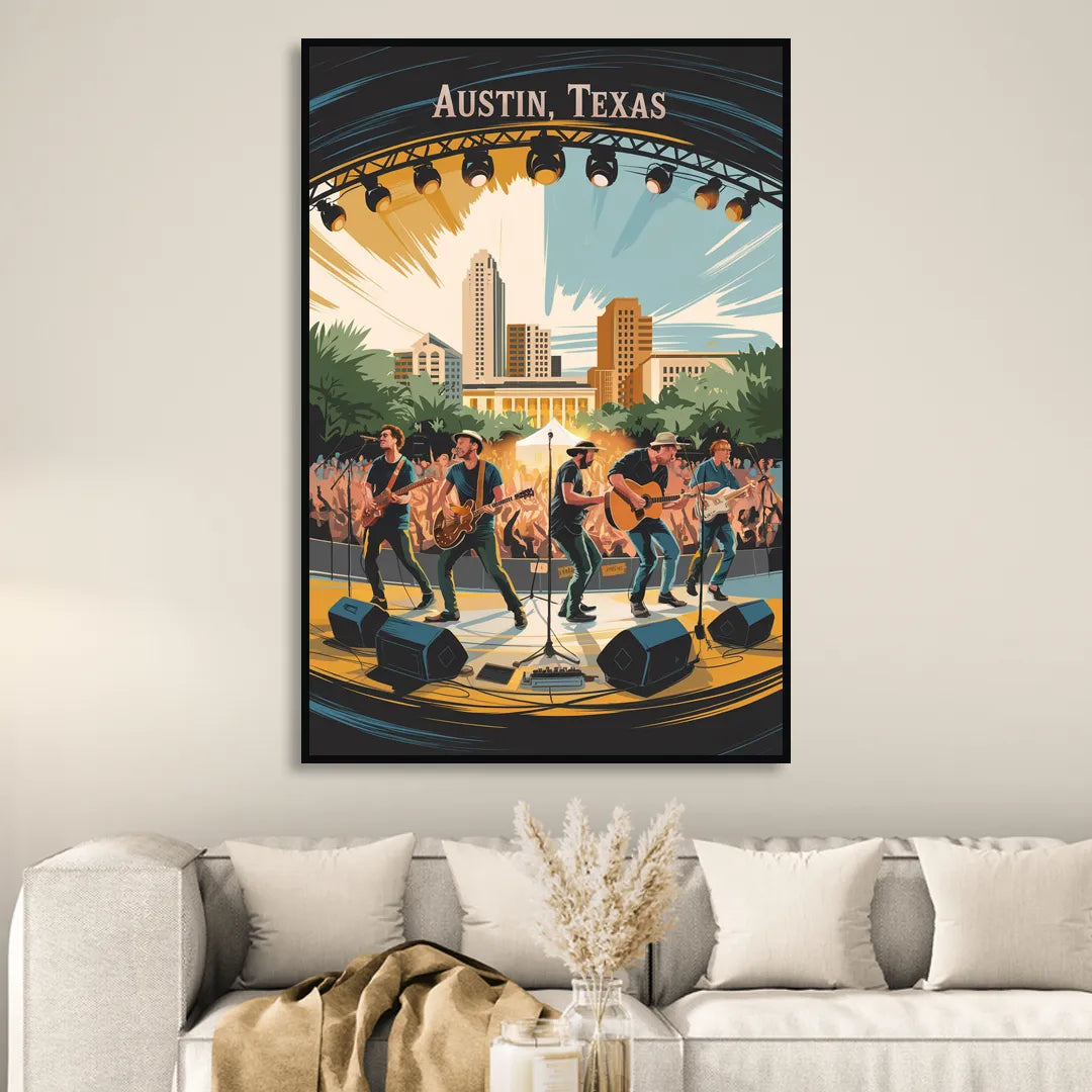 Austin Live Music Capital Sitting Room - Black Canvas Wall Art