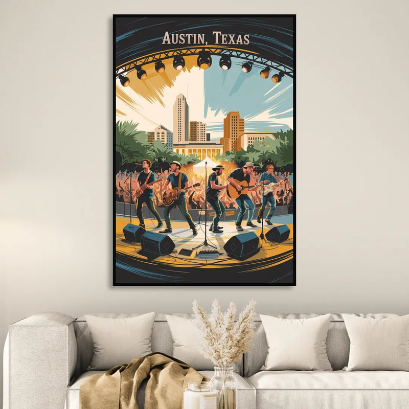 Austin Live Music Capital Sitting Room - Black Canvas Wall Art