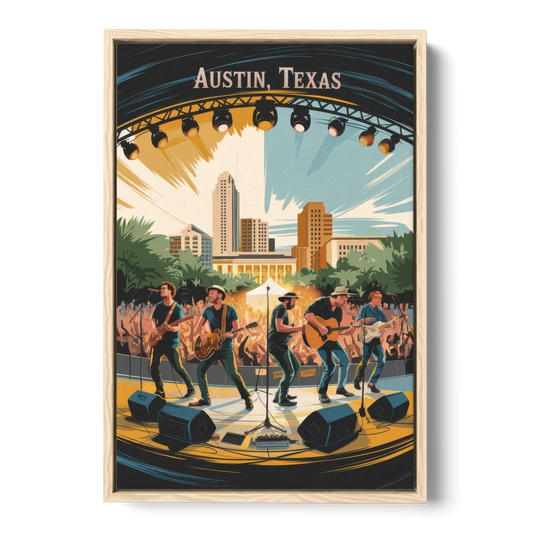 Austin Live Music Capital - Oak Framed Canvas Wall Art - Front