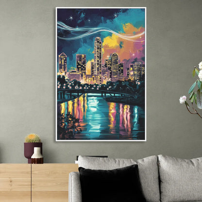 Austin Night Lights Living Room - White Canvas Wall Art