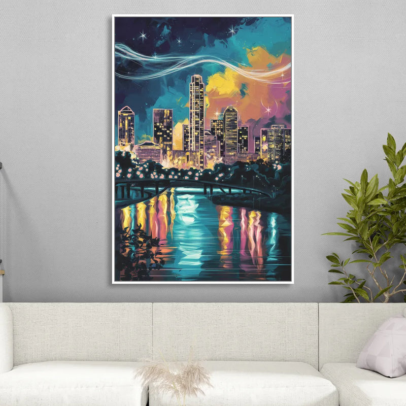 Austin Night Lights Sitting Room - White Canvas Wall Art