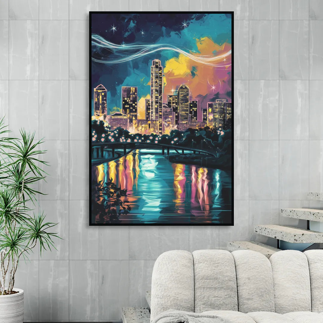 Austin Night Lights Sitting Room - Black Canvas Wall Art