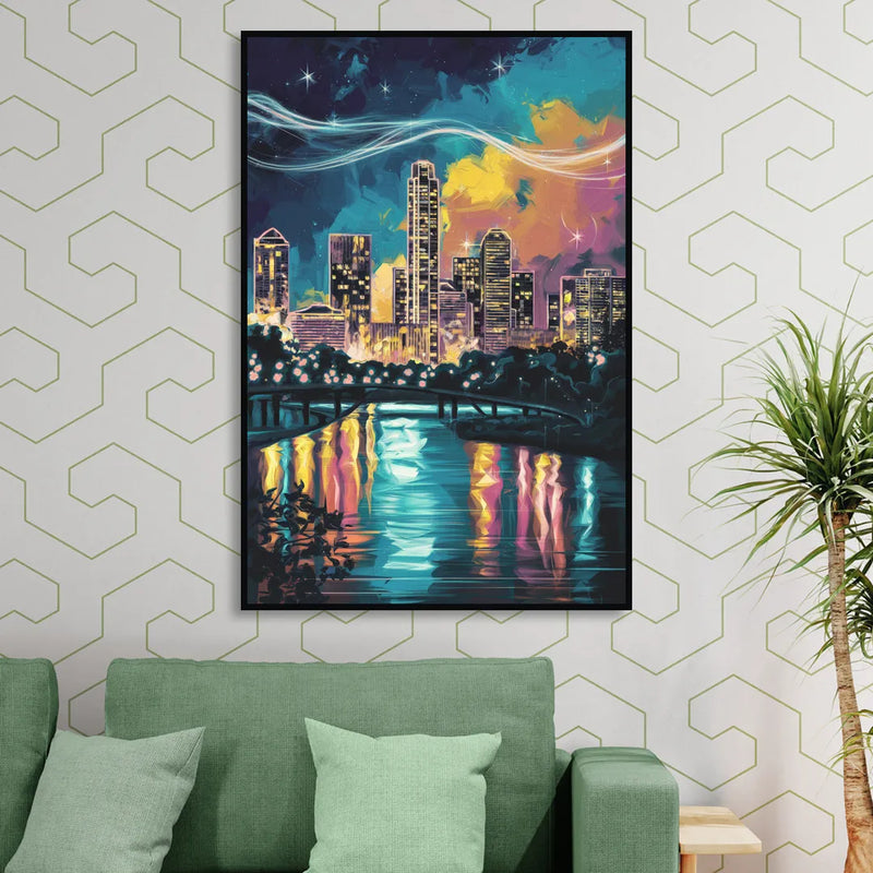 Austin Night Lights Living Room - Black Canvas Wall Art