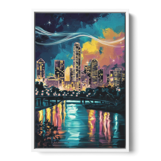 Austin Night Lights - White Framed Canvas Wall Art - Front