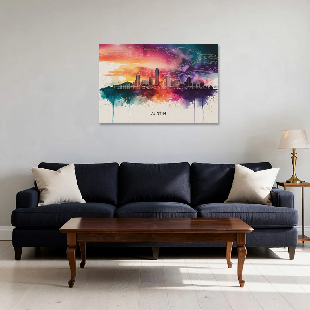 Austin Skyline Sunset Art - Canvas Wall Art - Sofa - 36x24